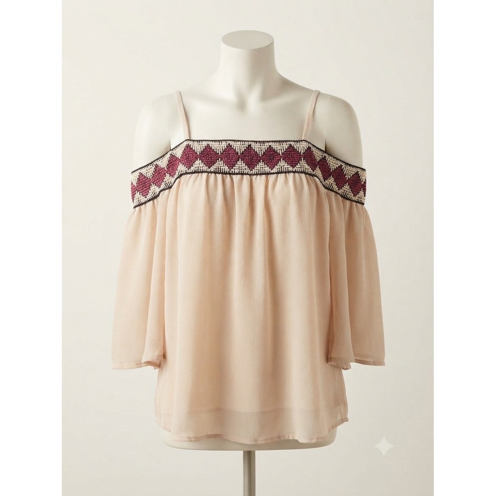 Maurices Womens 70s inspired Cold Shoulder Embroidered Bohemian Blouse Size M